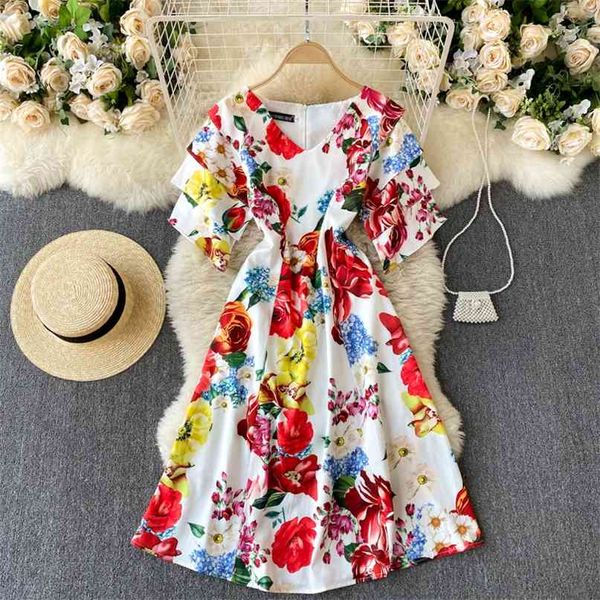 

spring summer court a-line dress women's v neck ruffle short sleeve printed elegant clothes vintage vestidos de mujer r123 210527, Black;gray
