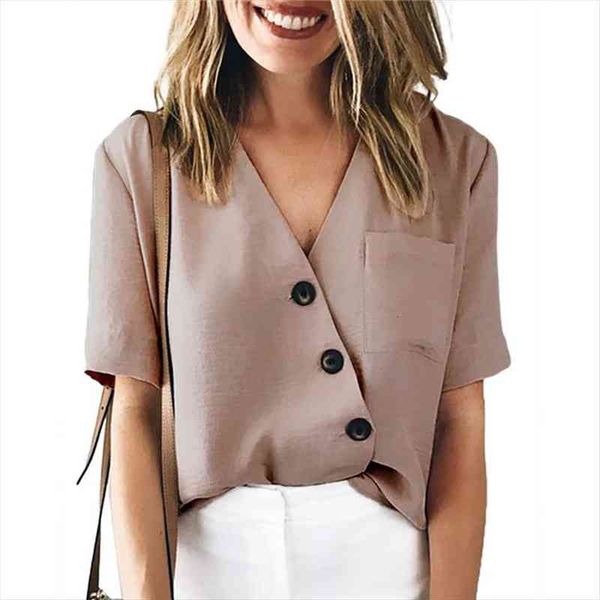 

women button design shirt pure color pullover v-neck short-sleeved shirt office ol lady casual female casual elegant blouse, White