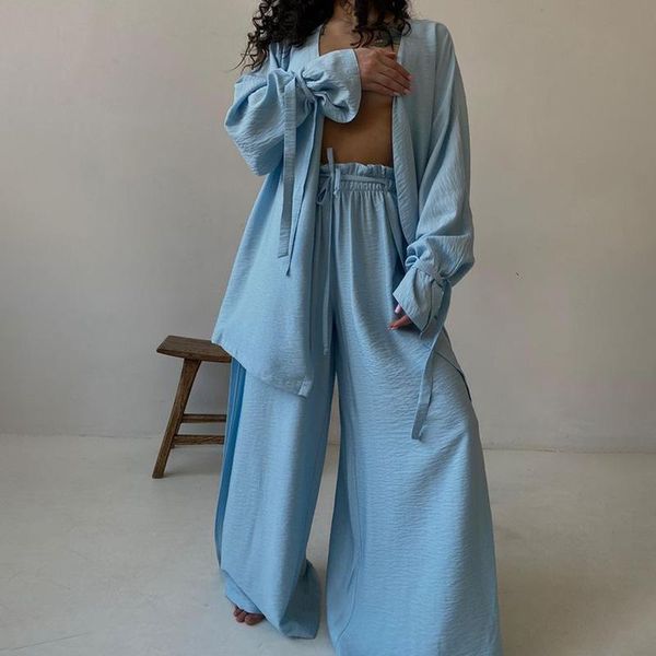 

agong casual loose suits women fashion tie belt long solid blouses suit elegant wide leg pants female ladies women's two piece, White