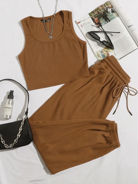 

rib-knit tank & drawstring waist sweatpants set r8xt#, White