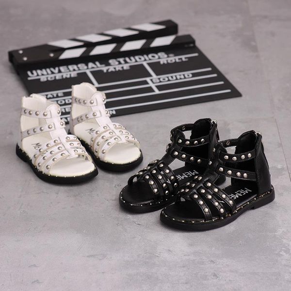 

summer cowhide children's shoes baby beach genuine leather girls roman rivet sandals, Black;red