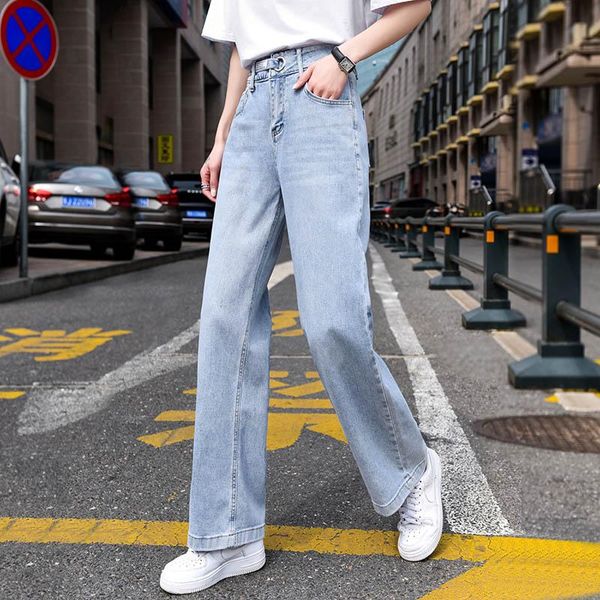 

women's jeans light color wide leg high waist loose straight pants in 2021, Blue