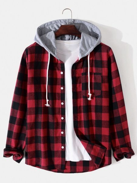 

men plaid button through hooded shirt q1dy#, White;black
