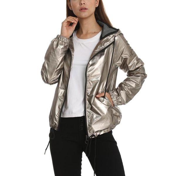 

women's jackets womens 2021 zip up waterproof raincoat metallic color bomber jacket femme outerwear hooded spring khaki gold, Black;brown