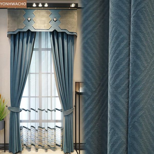 

custom curtain simple nordic american modern bedroom flannel living room blue cloth blackout valance tulle panel c548 & drapes