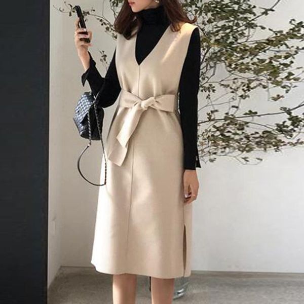 

wool blend winter dress women elegant sleeveless tank vestidos autumn v neck woolen belt lace up korean office lady midi casual dresses, Black;gray