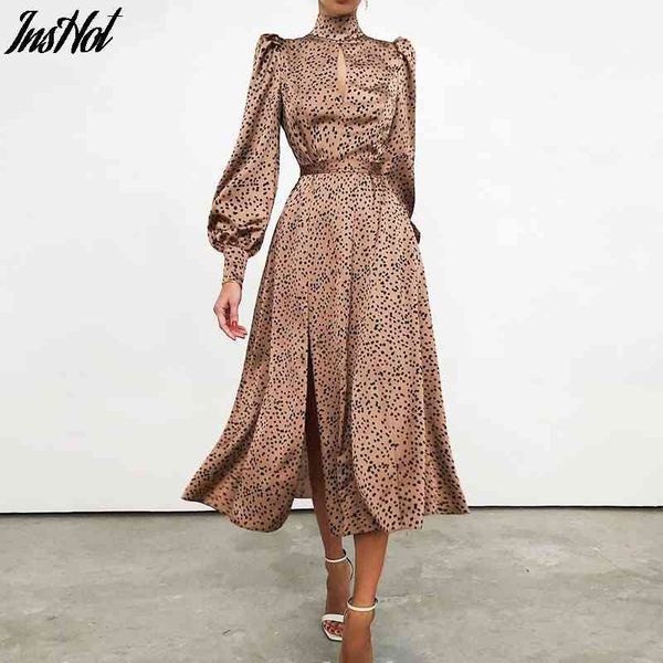 Turtleneck Polka Dot Dress Khaki Spruff Sleeve Mulheres Cetim Vestido Split Plissado A-Linha Longa Vestidos Spots Leopard Hollow Out 210514