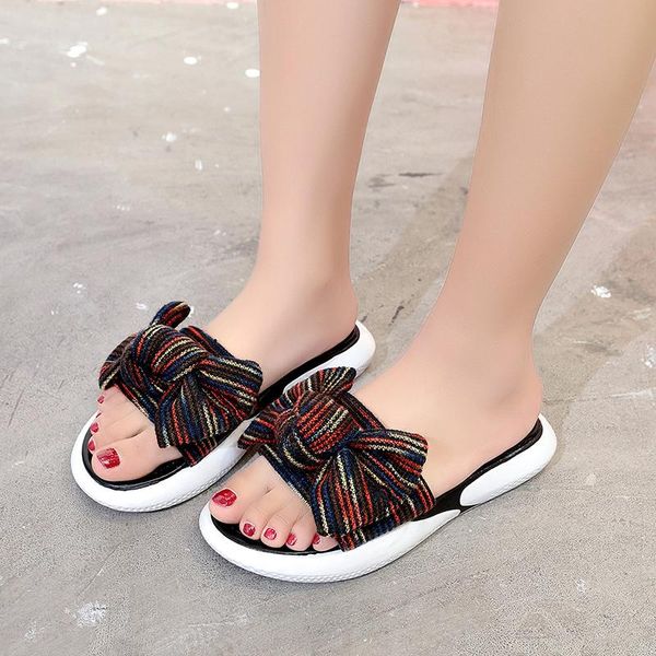 

slippers rimocy fashion bow beach women summer open toe comfortable low heel sandals woman red blue casual non slip slides mujer, Black