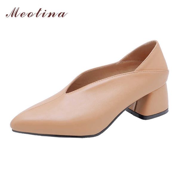 

meotina women pumps high heels fashion square heel shoes pointed toe office ladies footwear spring apricot large size 33-46 210608, Black