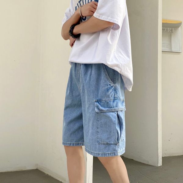 

summer gray blue denim shorts mens fashion pocket denim shorts men streetwear loose hip-hop elastic waist denim shorts mens