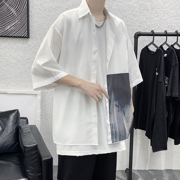 

men's casual shirts summer short-sleeved men fashion printed streetwear korean loose dress mens, White;black