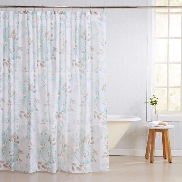 

fabric shower curtain with 12 roller hooks. mold and mildew resistant. amora collection. 72-inch, helene - blue