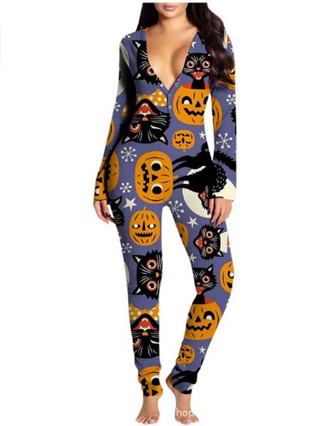 

2021 new halloween print long-sleeved pants one-piece home service women, Black;white