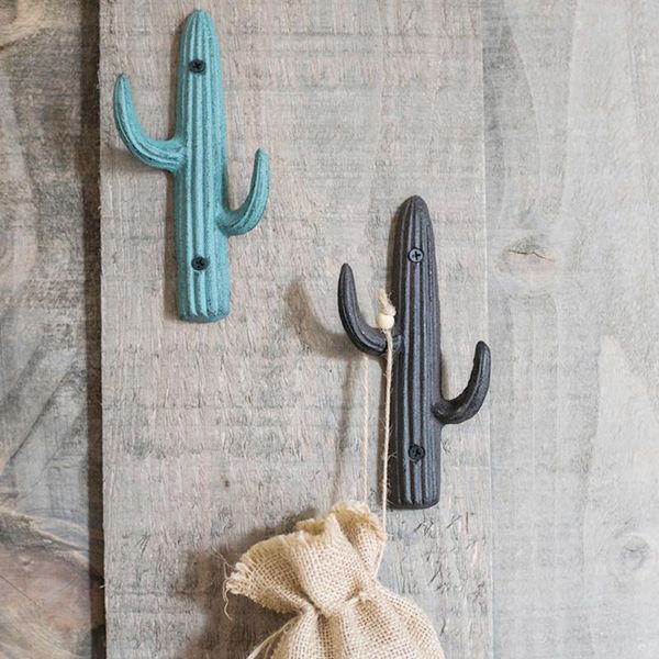 

hooks & rails 1pc cast iron cactus hook 2 in 1 wall mounted heavy duty metal hanger green/brown coat/key/bag/towel home decor bathroom kitch