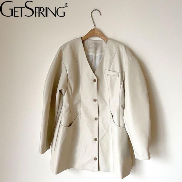 

women's leather & faux getspring women coat v-neck long jackets black white vintage casual autumn and winte overcoat 2021 fashion