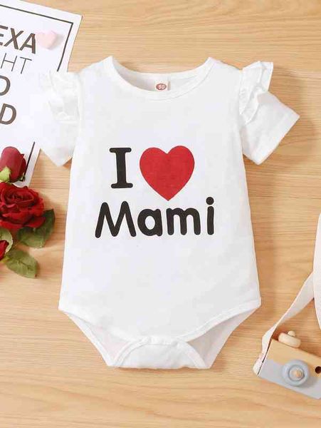 

baby slogan & heart print ruffle trim bodysuit she, Blue
