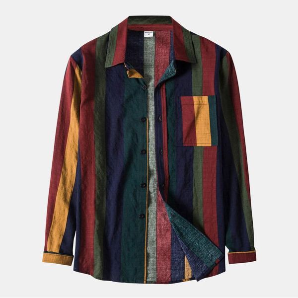 

men's casual shirts 2021 male vintage striped autumn long sleeve shirt turn-down collar blouses chemises homme men clothing, White;black