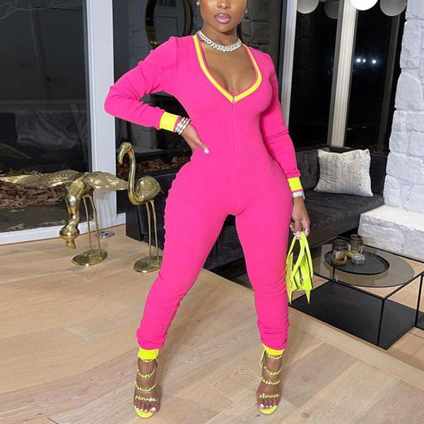 

women's jumpsuits & rompers 2021 pink for women bodycon full sleeve deep v neck high waist evening night party club, Black;white