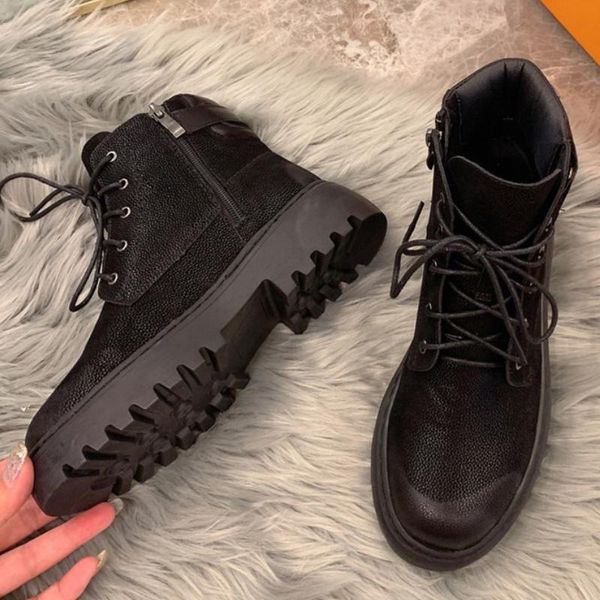 

boots termainoov women platform fashion winter boot short flat round toe lace up, Black