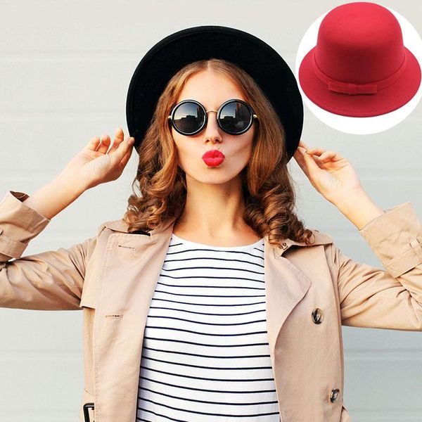 

stingy brim hats retro elegant fedoras hat for ladies autumn winter twist bowknot cap with wide solid color warm wool felt bucket, Blue;gray