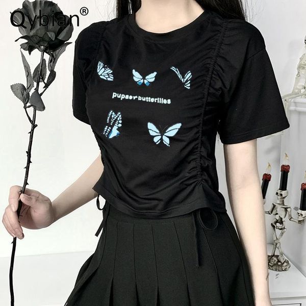 

women's t-shirt 2021 summer butterfly print drawstring adjustable short sleeve shirt t women elastic slim drop ship, White