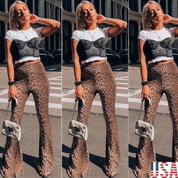 

women's pants & capris autumn women boho hippie high waist leopard printed loose wide leg flared bell bottom flroal long pant, Black;white