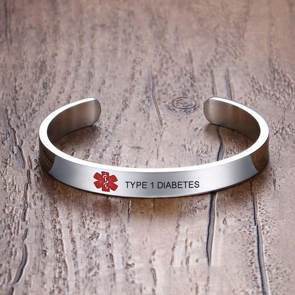 

cuff type 1 diabetes alert bracelet for men women id bangle stainless steel personalized engrave, White