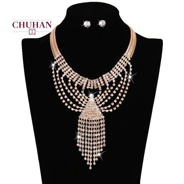

women luxury multi layer necklaces korean fashion accessories rhinestones tassel earrings necklace jewelry sets j420 chains, Silver
