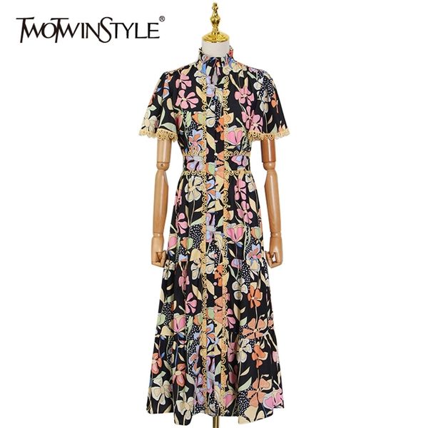 

print vintage dress for women stand collar short sleeve high waist pleated hit color dresses females style 210520, Black;gray