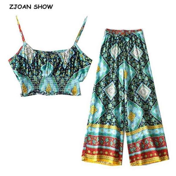 

boho elastic hem geometric floral print bra tank crop women tie bow sashes wide leg pants ruched camis 2 pieces set 210429, White