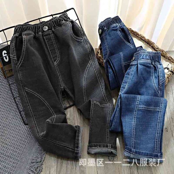 

2021 spring new children's washed elastic boys' stitching casual versatile jeans sp002, Blue
