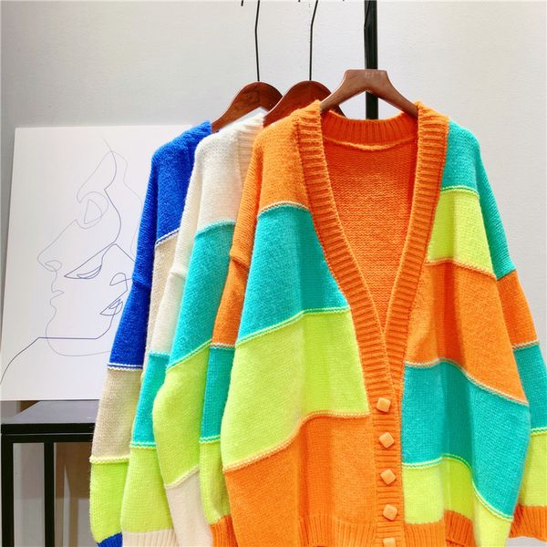 

knits oversized block patchwork knit jacket female lazy oaf sweater coat v-neck knitted cardigan, White