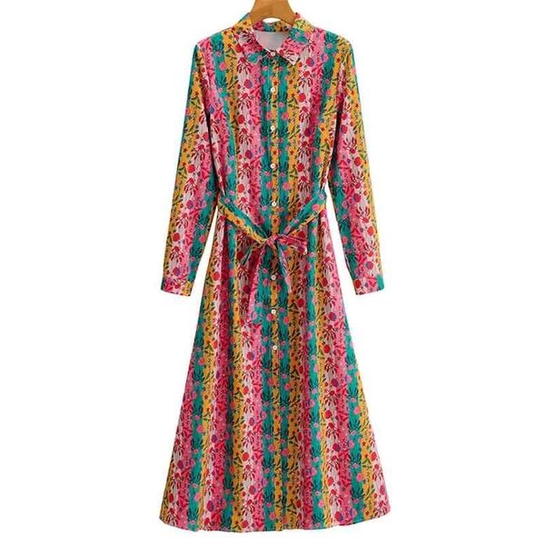 

women floral print long dress ladies' turn-down collar long sleeve with belt printed dresses female streetwear 210524, Black;gray