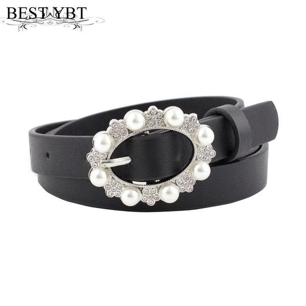 

belts ybt women imitation leather belt alloy pin buckle with pearl simple sweet dress decoration pinkycolor, Black;brown