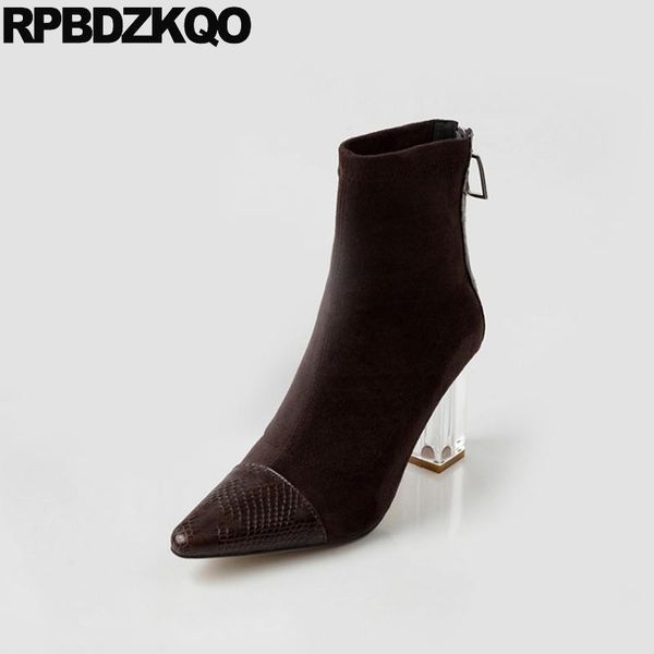 

boots casual chunky big size 10 designer shoes women luxury 2021 plus ankle brown pointed toe high heel transparent clear suede, Black