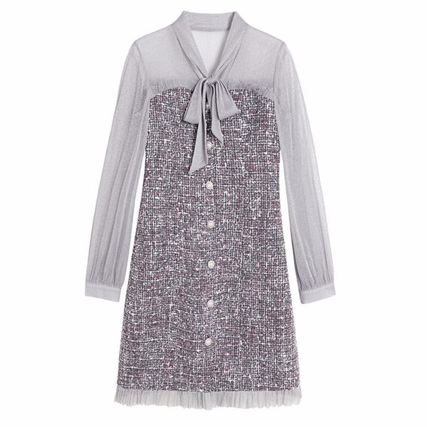 

black gray tweed mesh patchwork bow collar long sleeve elegant ruffle short mini dress button autumn d1995 210514