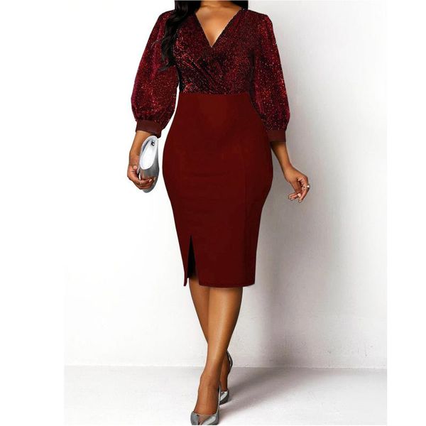 

casual dresses autumn winter dress women 2021 v-neck bright silk mid party plus size slim office pencil bodycon, Black;gray