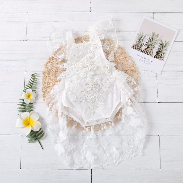 

girls romper 2021 summer children baby sling flower embroidered bead lace coverall clothes for 0-3 age jumpsuits, Blue