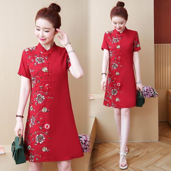 Partykleider Sommer Baumwolle und Leinen Stickerei Verbesserte Cheongsam Kleid Vintage Floral Kurzarm Mini Frauen Rot Schwarz