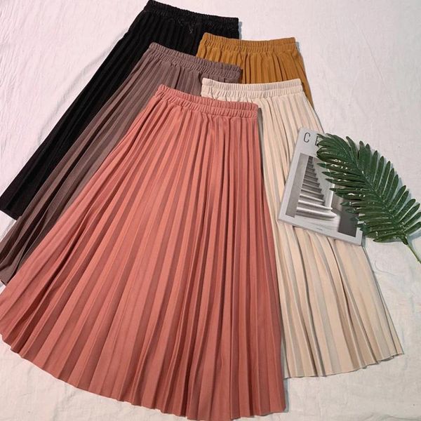 

skirts elegant solid midi pleated skirt women 2021 autumn winter ladies korean red black high waist school long female
