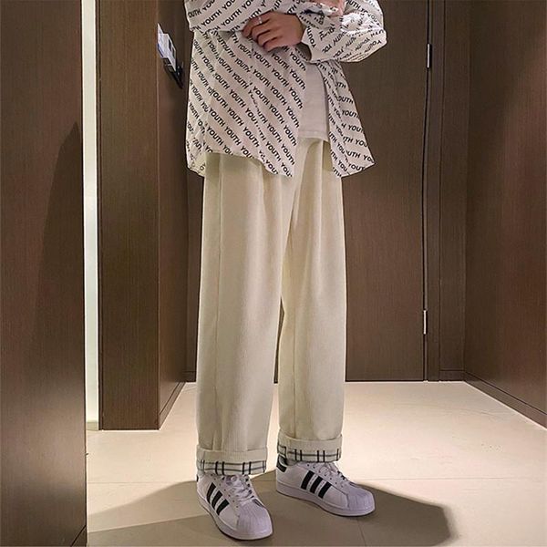 

men's pants 2021 men beige corduroy wide leg korean style soft women solid color spring trousers for female oversize haroun, Black