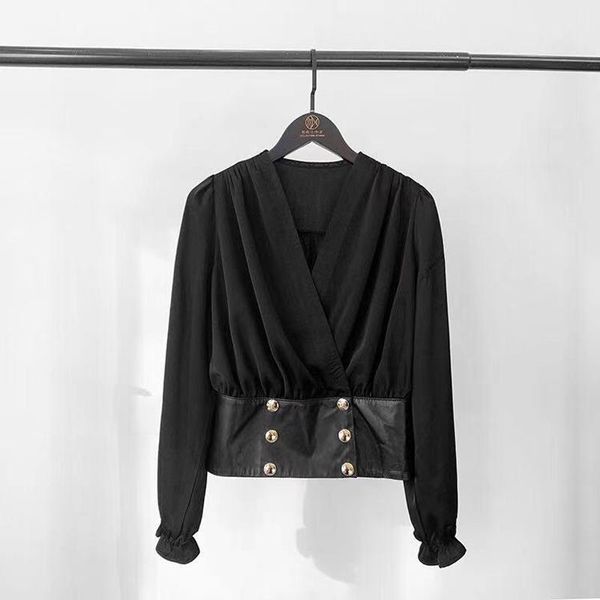 

women's blouses & shirts roupas femininas women european v-neck high waist stitching sheepskin chiffon short shirt female chic bottons, White