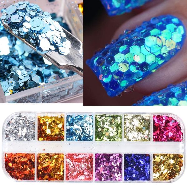 

nail glitter 1box chameleon mirror holographic sequin for art design hexagon mermaid reflective varnish gel charms decors lyrj, Silver;gold