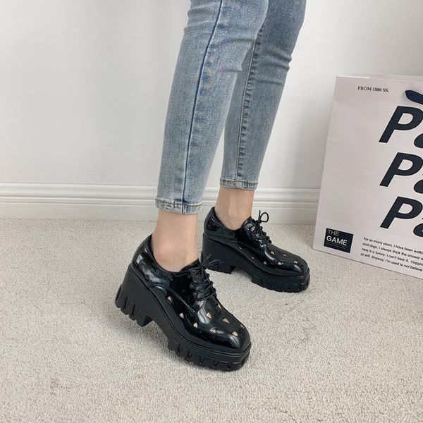 

dress shoes lace up wedge oxfords women slip on pump designer casual platform loafers patent leather heightening zapatos de mujer, Black