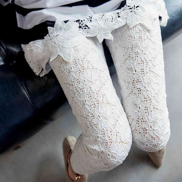 

legging high tail flowers see through strethchy fit leggings women 2021 spring summer new retro solid dunne holle edge girls'pants, Black