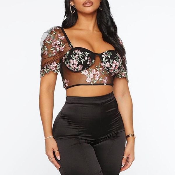

women's t-shirt fashion mesh embroidered puff sleeves crop short sleeve black, White