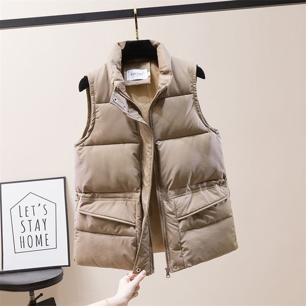 

solid short style vest for women cotton padded women's winter sleeveless jacket with zipper stand collar casual coats 210819, Black;white