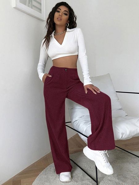 

high waist cord wide leg pants v8pi#, Black;white