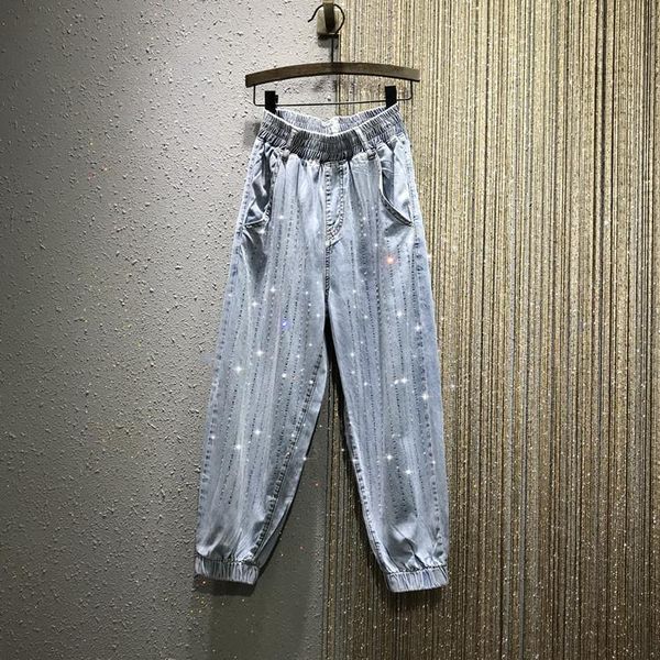 

women's jeans rhinestones beaded elastic high waist for woman spring and summer loose thin denim pants female students, Blue