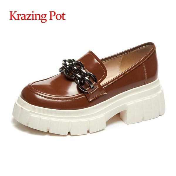 

krazing pot natural leather round toe high heels chain decoration young lady daily wear leisure british style women pumps l15, Black